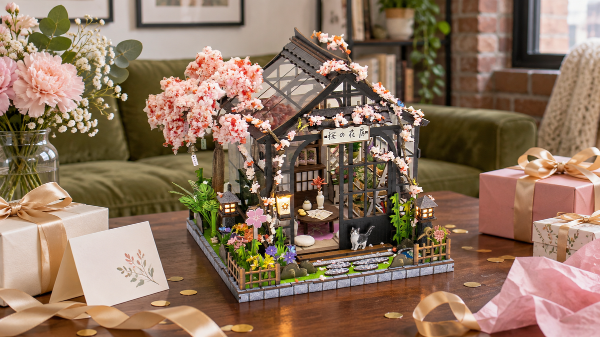 Sakura Greenhouse miniature kit displayed with festive gift wrapping at home