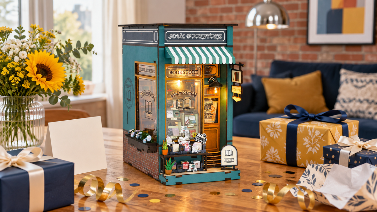 Soul Bookstore miniature kit displayed with festive gift wrapping at home