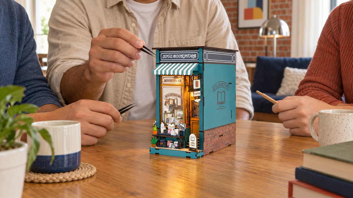 Soul Bookstore miniature kit during a shared craft session at home