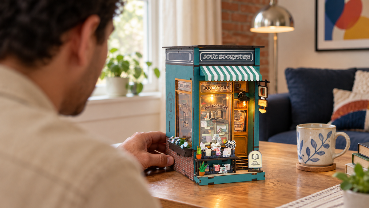 Soul Bookstore miniature kit being enjoyed by one adult at home