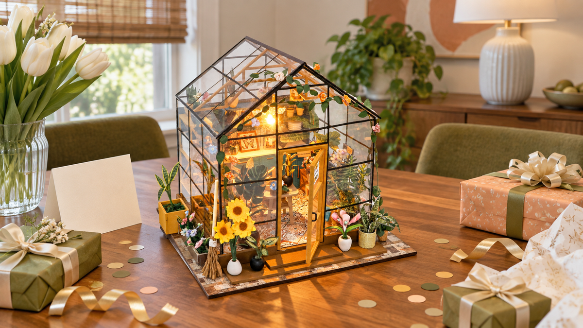 Sunshine Greenhouse miniature kit displayed with festive gift wrapping at home