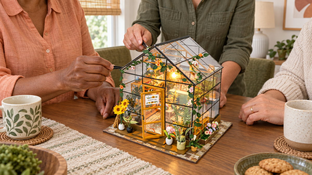 Sunshine Greenhouse miniature kit during a shared craft session at home